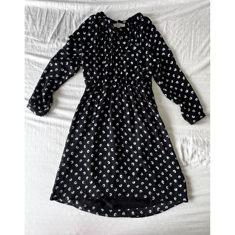 Loft Black Blue Printed Bow Tie Neck Puff Long Sleeve Fit & Flare Dress Sz 2